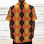 Black And Orange Argyle Pattern Print Textured Short Sleeve Shirt