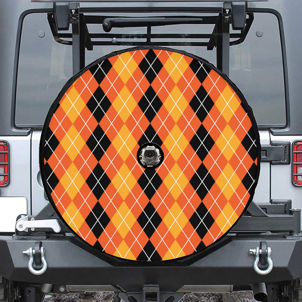 Black And Orange Argyle Pattern Print Tire Cover With Camera Hole