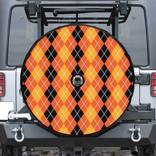 Black And Orange Argyle Pattern Print Tire Cover With Camera Hole