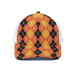Black And Orange Argyle Pattern Print White Mesh Trucker Cap