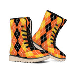 Black And Orange Argyle Pattern Print Winter Boots