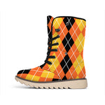 Black And Orange Argyle Pattern Print Winter Boots