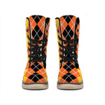Black And Orange Argyle Pattern Print Winter Boots
