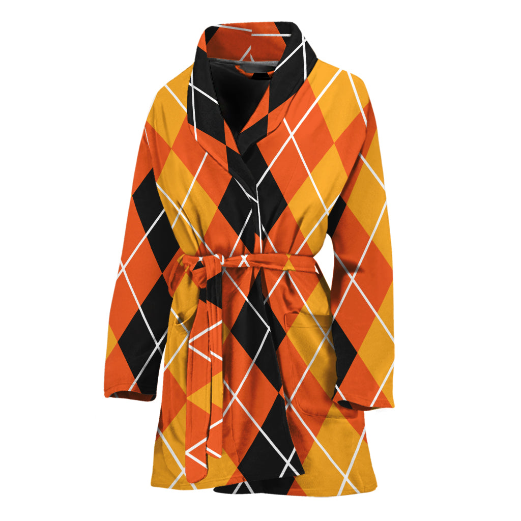 Black And Orange Argyle Pattern Print Women's Bathrobe