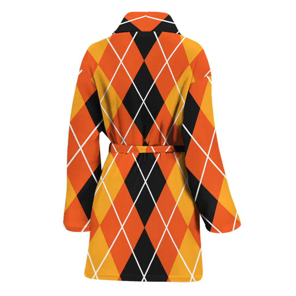 Black And Orange Argyle Pattern Print Women's Bathrobe