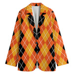 Black And Orange Argyle Pattern Print Women's Blazer