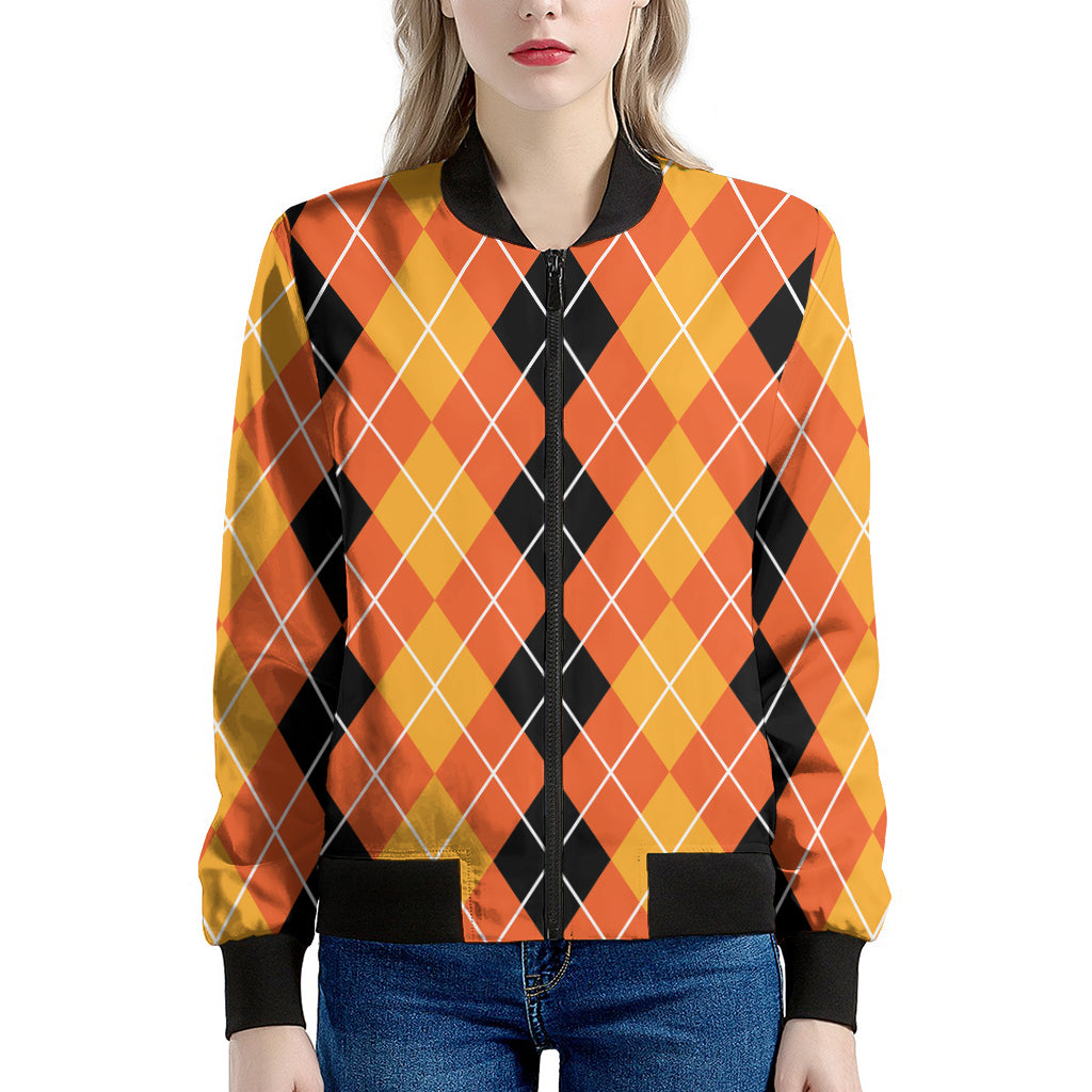 Black And Orange Argyle Pattern Print Women's Bomber Jacket