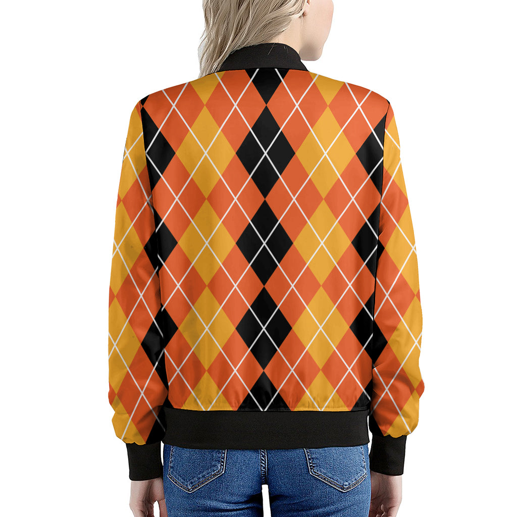 Black And Orange Argyle Pattern Print Women's Bomber Jacket