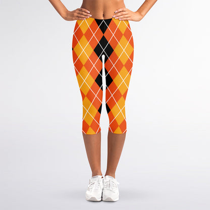 Black And Orange Argyle Pattern Print Women's Capri Leggings