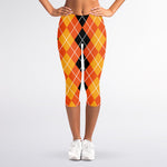 Black And Orange Argyle Pattern Print Women's Capri Leggings