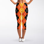 Black And Orange Argyle Pattern Print Women's Capri Leggings