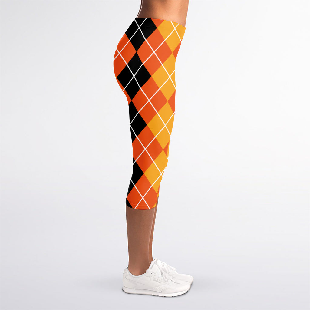 Black And Orange Argyle Pattern Print Women's Capri Leggings