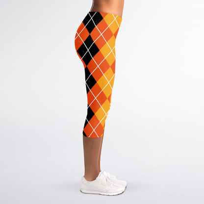 Black And Orange Argyle Pattern Print Women's Capri Leggings