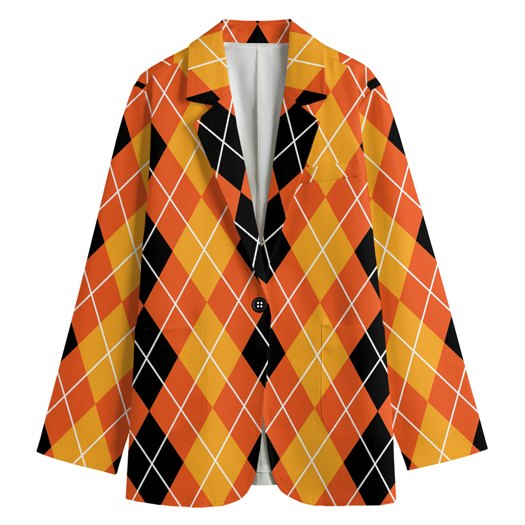 Black And Orange Argyle Pattern Print Women's Cotton Blazer