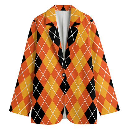 Black And Orange Argyle Pattern Print Women's Cotton Blazer