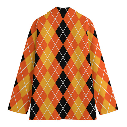 Black And Orange Argyle Pattern Print Women's Cotton Blazer
