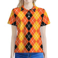 Black And Orange Argyle Pattern Print Women's Polo Shirt