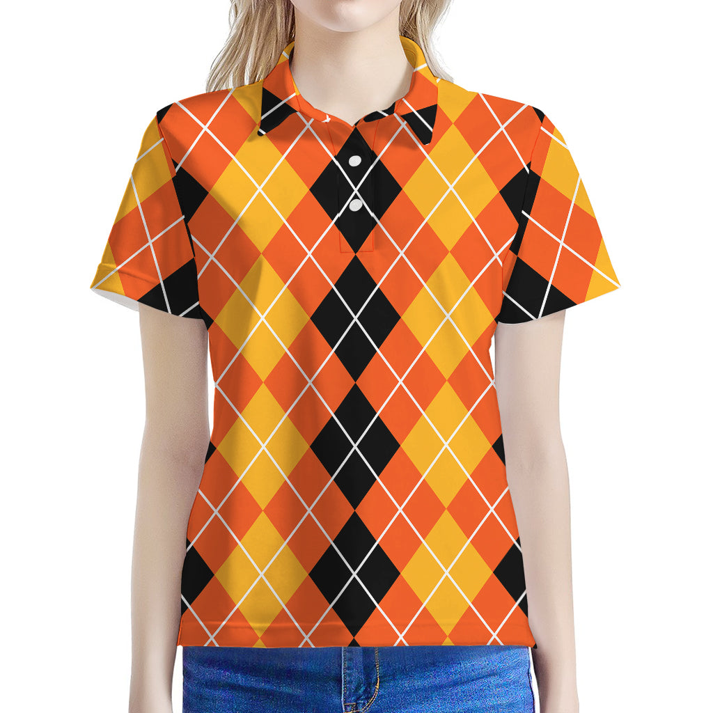 Black And Orange Argyle Pattern Print Women's Polo Shirt