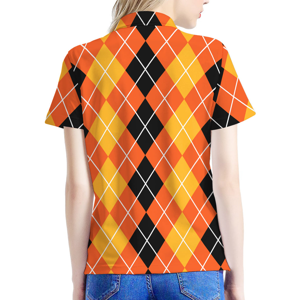 Black And Orange Argyle Pattern Print Women's Polo Shirt