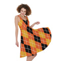Black And Orange Argyle Pattern Print Sleeveless Knee Length Dress