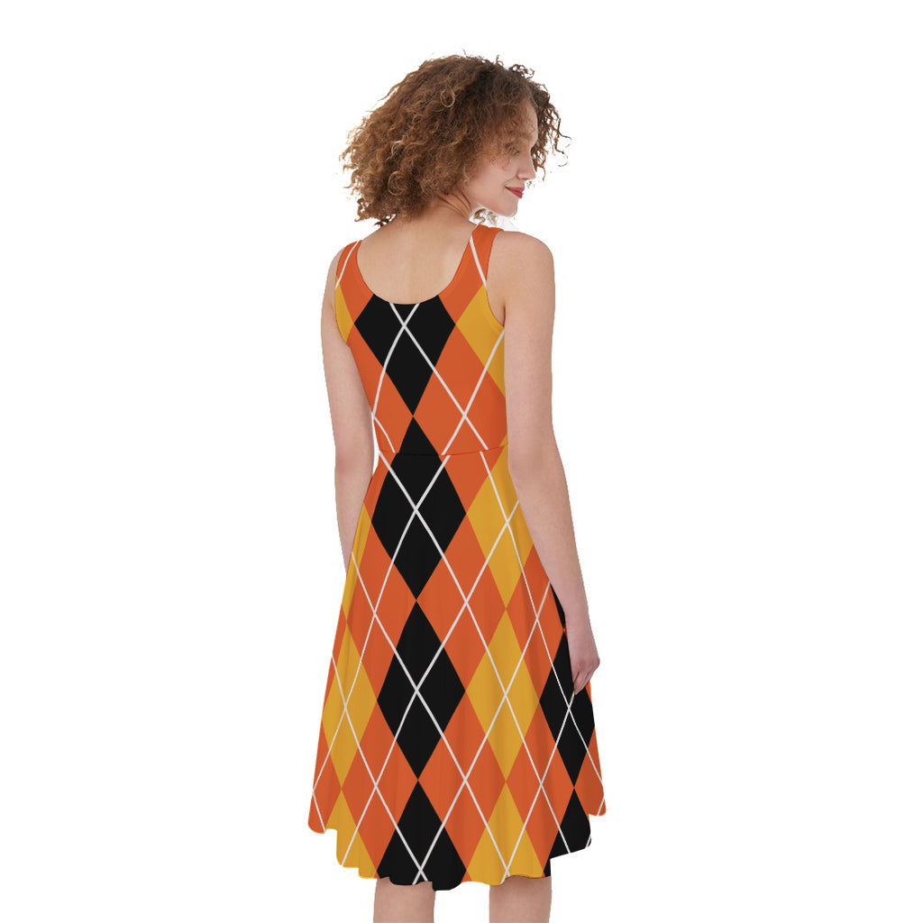 Black And Orange Argyle Pattern Print Women's Sleeveless Dress