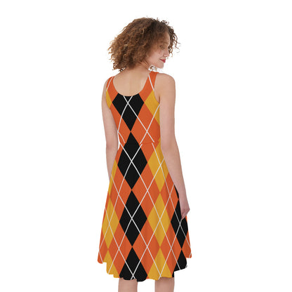Black And Orange Argyle Pattern Print Women's Sleeveless Dress