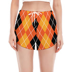 Black And Orange Argyle Pattern Print Women's Split Running Shorts