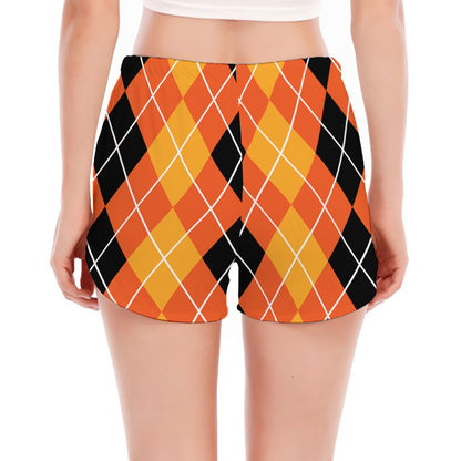 Black And Orange Argyle Pattern Print Women's Split Running Shorts