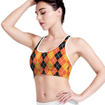 Black And Orange Argyle Pattern Print Women's Sports Bra