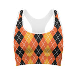 Black And Orange Argyle Pattern Print Women's Sports Bra