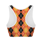 Black And Orange Argyle Pattern Print Women's Sports Bra