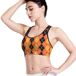 Black And Orange Argyle Pattern Print Women's Sports Bra