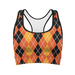 Black And Orange Argyle Pattern Print Women's Sports Bra