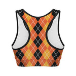 Black And Orange Argyle Pattern Print Women's Sports Bra