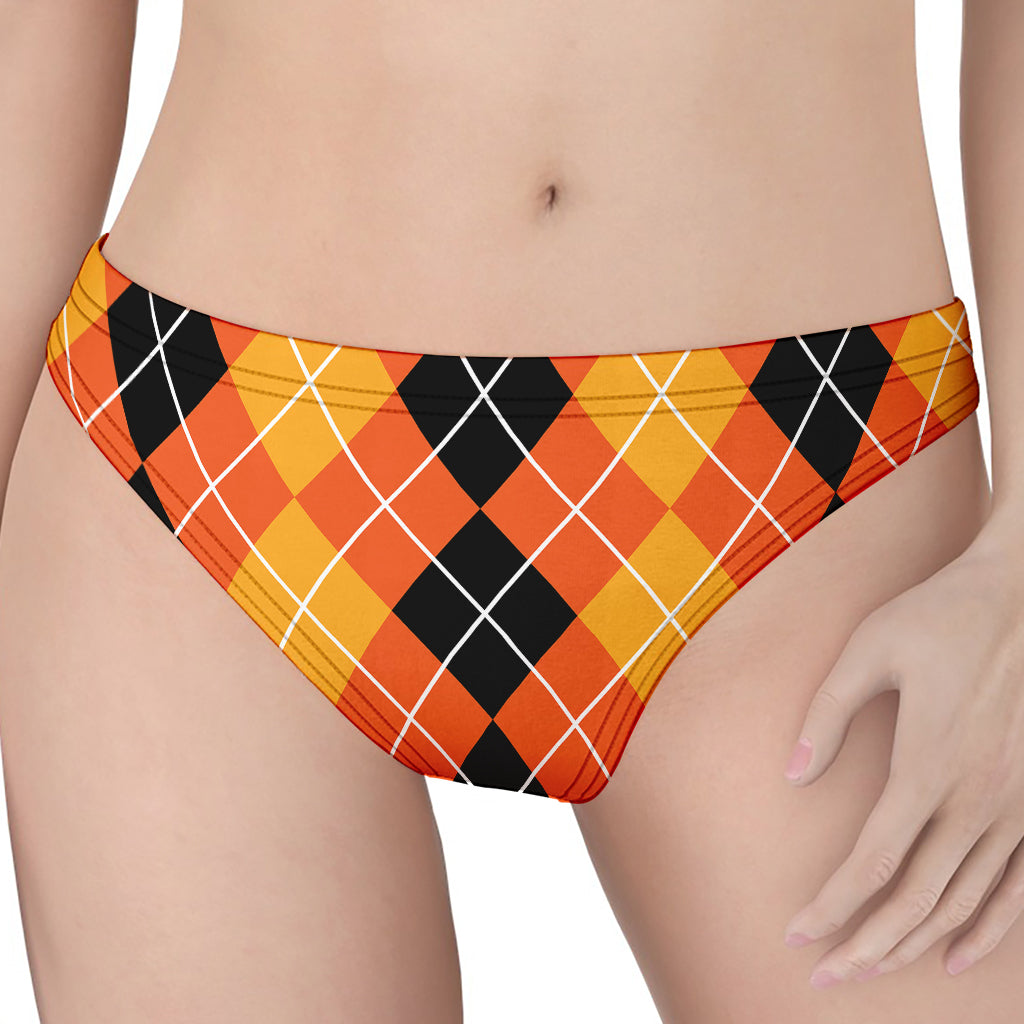 Black And Orange Argyle Pattern Print Women's Thong