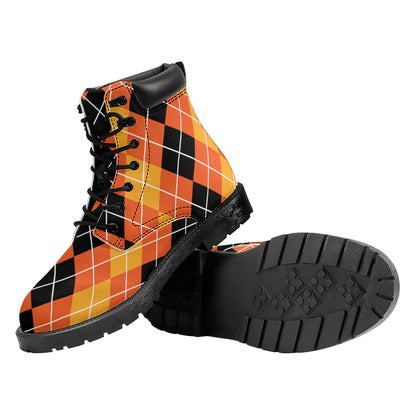 Black And Orange Argyle Pattern Print Work Boots