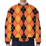 Black And Orange Argyle Pattern Print Zip Sleeve Bomber Jacket