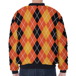 Black And Orange Argyle Pattern Print Zip Sleeve Bomber Jacket