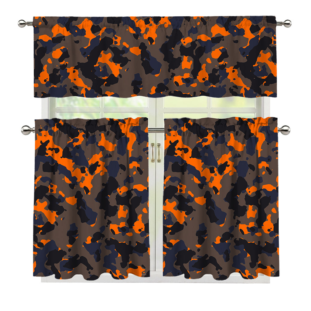Black And Orange Camouflage Print 3 Piece Kitchen Curtains