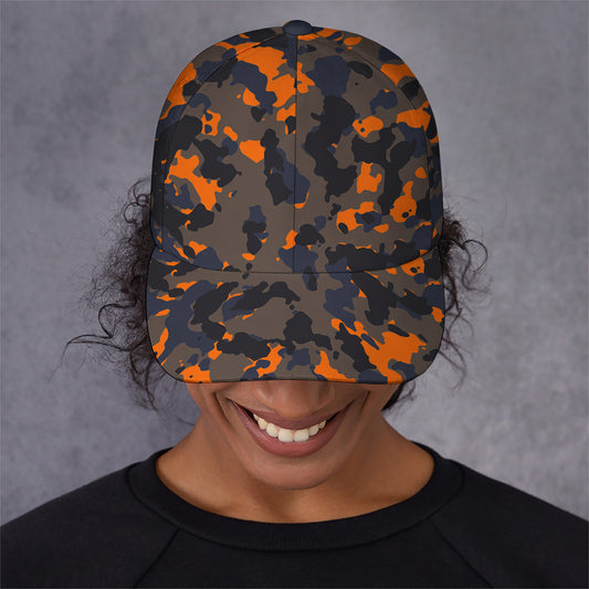 Black And Orange Camouflage Print Baseball Cap