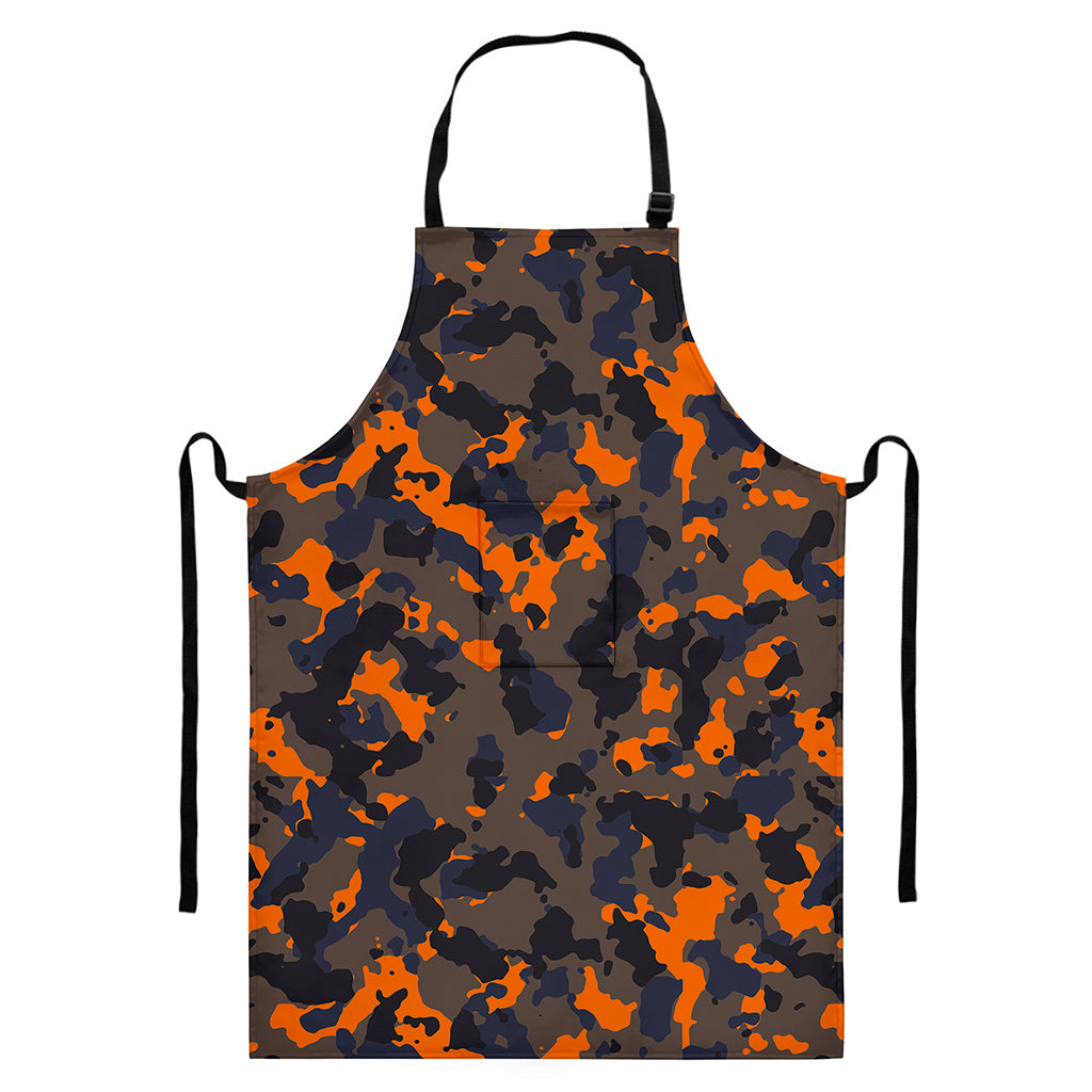 Black And Orange Camouflage Print Bib Apron With Pocket