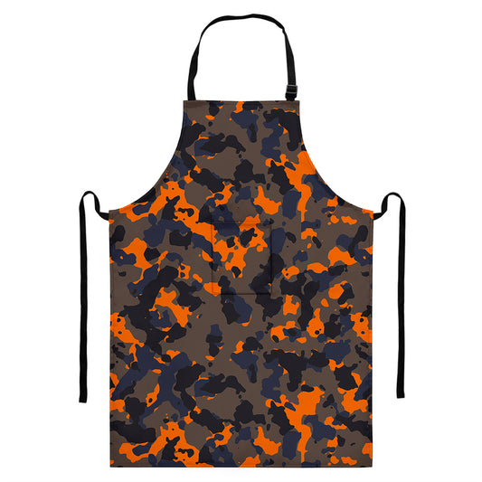 Black And Orange Camouflage Print Bib Apron With Pocket