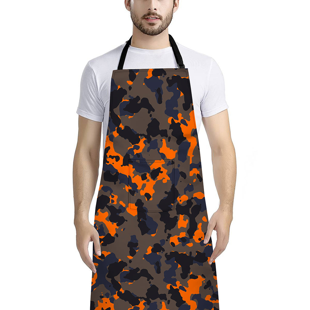 Black And Orange Camouflage Print Bib Apron With Pocket