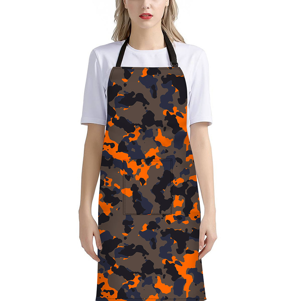Black And Orange Camouflage Print Bib Apron With Pocket