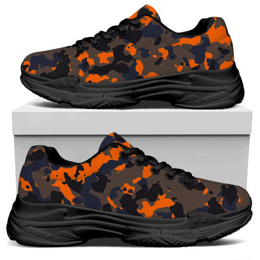 Black And Orange Camouflage Print Black Chunky Shoes