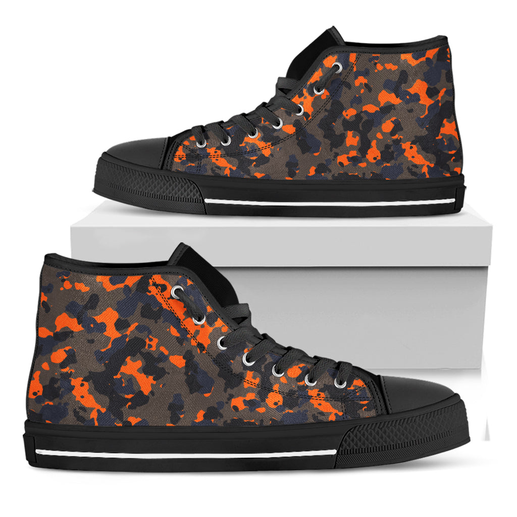 Black And Orange Camouflage Print Black High Top Sneakers