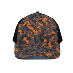 Black And Orange Camouflage Print Black Mesh Trucker Cap
