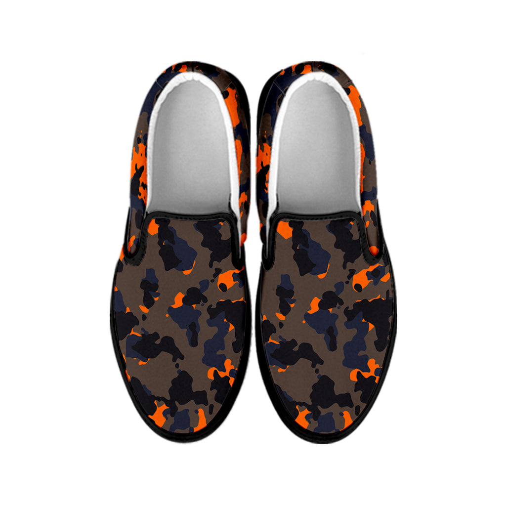 Black And Orange Camouflage Print Black Slip On Sneakers