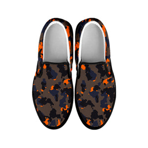 Black And Orange Camouflage Print Black Slip On Sneakers