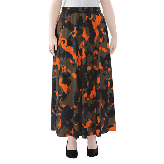 Black And Orange Camouflage Print Chiffon Maxi Skirt
